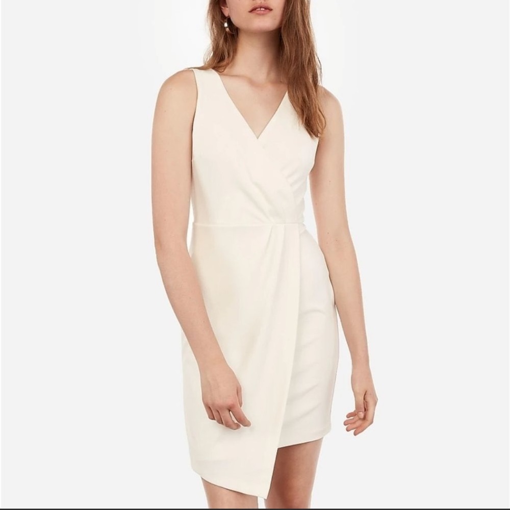 Express white pleated faux wrap front sheath dress in size large. NWT.